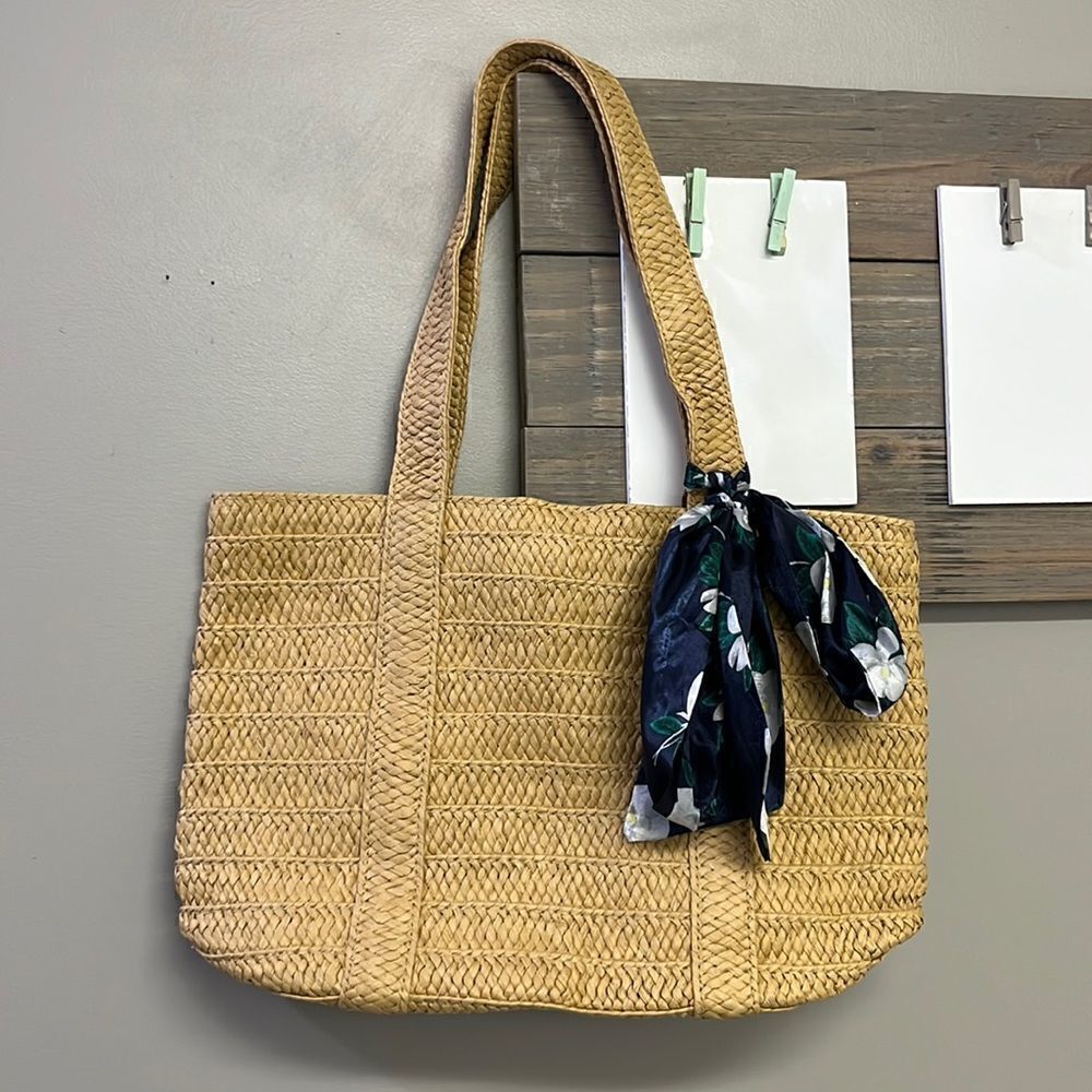 Draper James Two Strap Straw Purse with Removable Silky Navy Floral Tie
